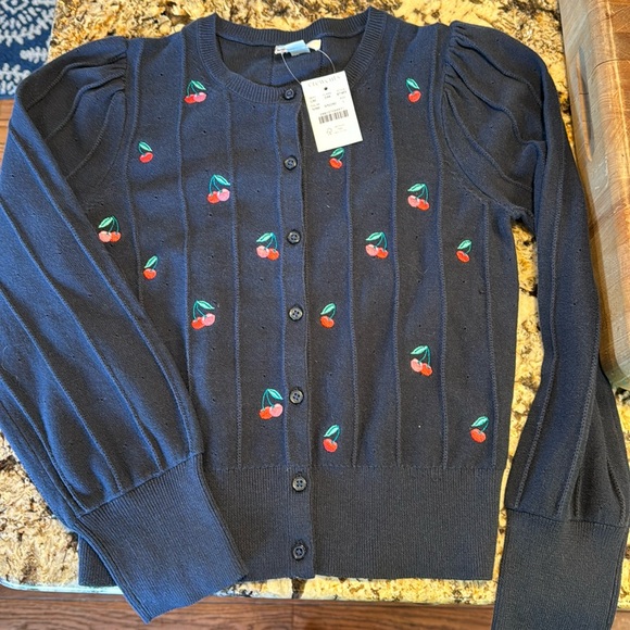 NWT Jcrew Crewcuts cardigan size 10-11. Large. NWT. Navy blue with cherries. - Picture 1 of 3